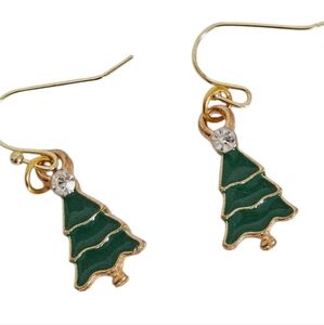 Gold Rhinestone Christmas Tree Enamel Dangle Earrings